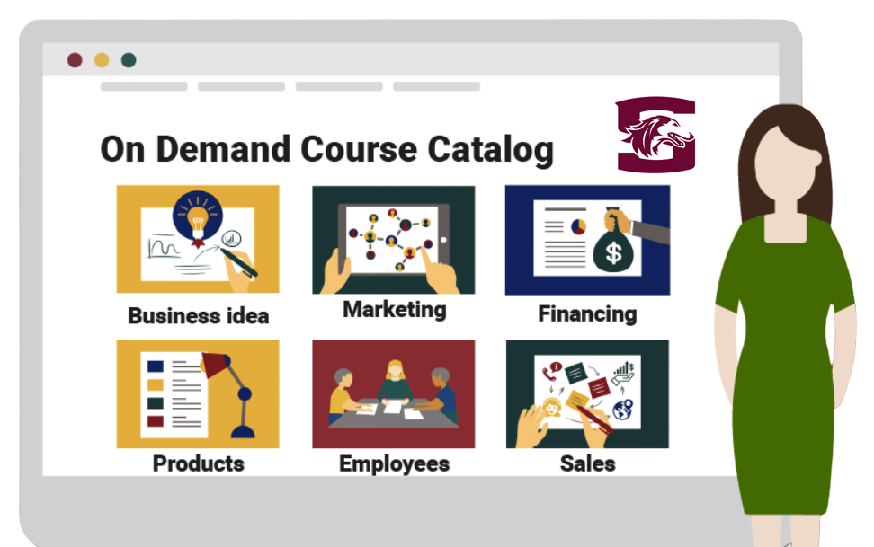 Illustration of course catalog with business related icons. Text reads: On Demand Course Catalog. Business Idea; Marketing; Financing; Products; Employees; Sales